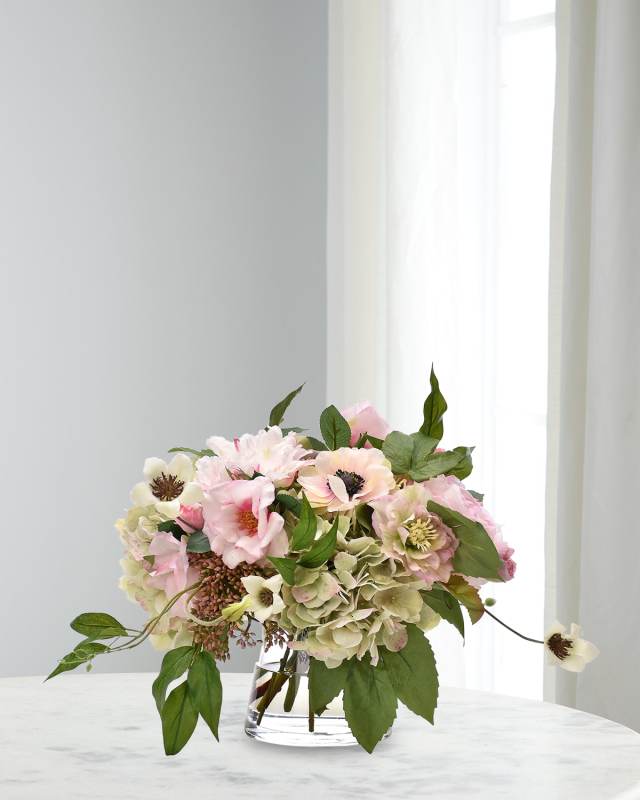 Peonies, Hydrangeas, and Anemones 12" Faux Floral Arrangement in Glass Cylinder